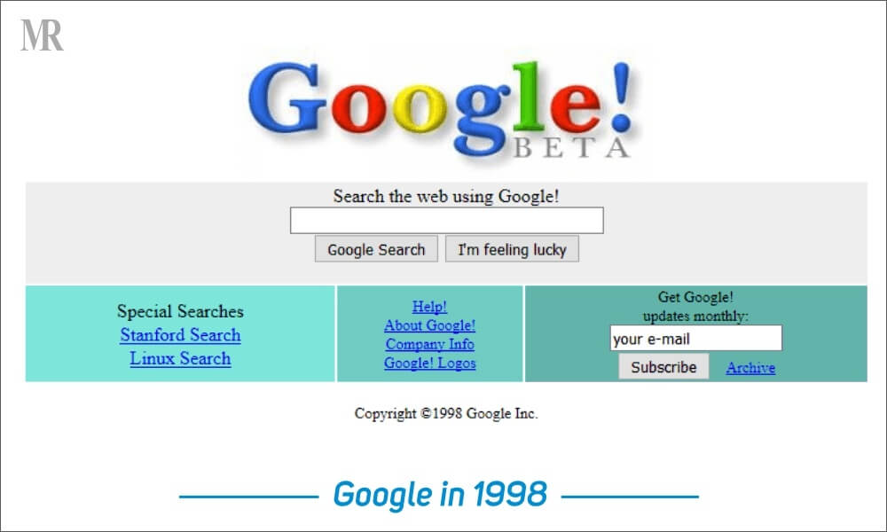 Дизайн страницы поиска Google в 1998 году
